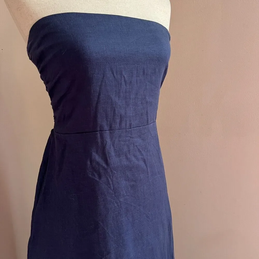 Faithfull The Brand Das Flores Navy Linen Strapless Maxi Dress‎ Euro Summer Sz S